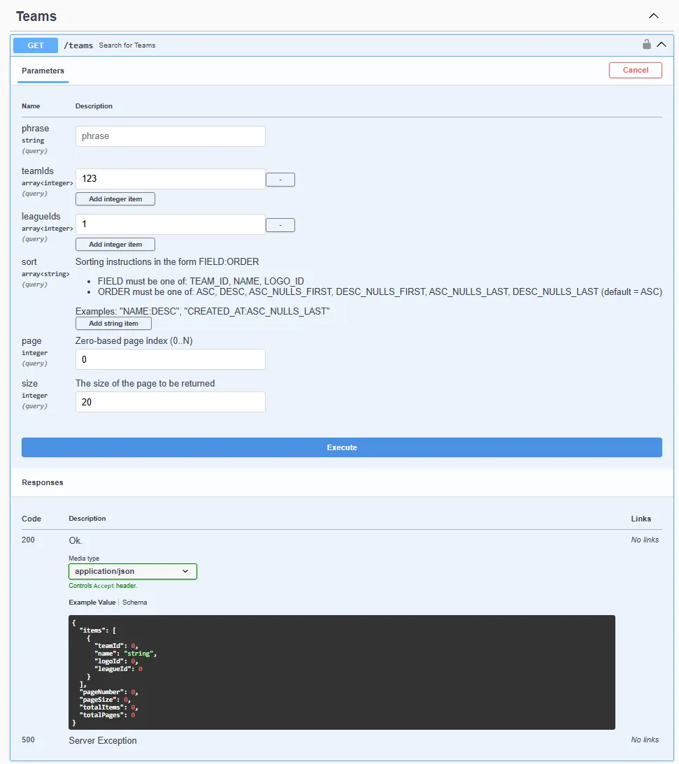 Example GET /teams endpoint