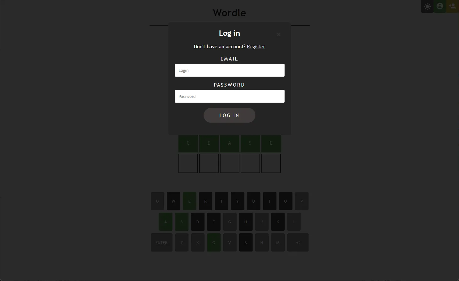 Wordle GUI - login panel
