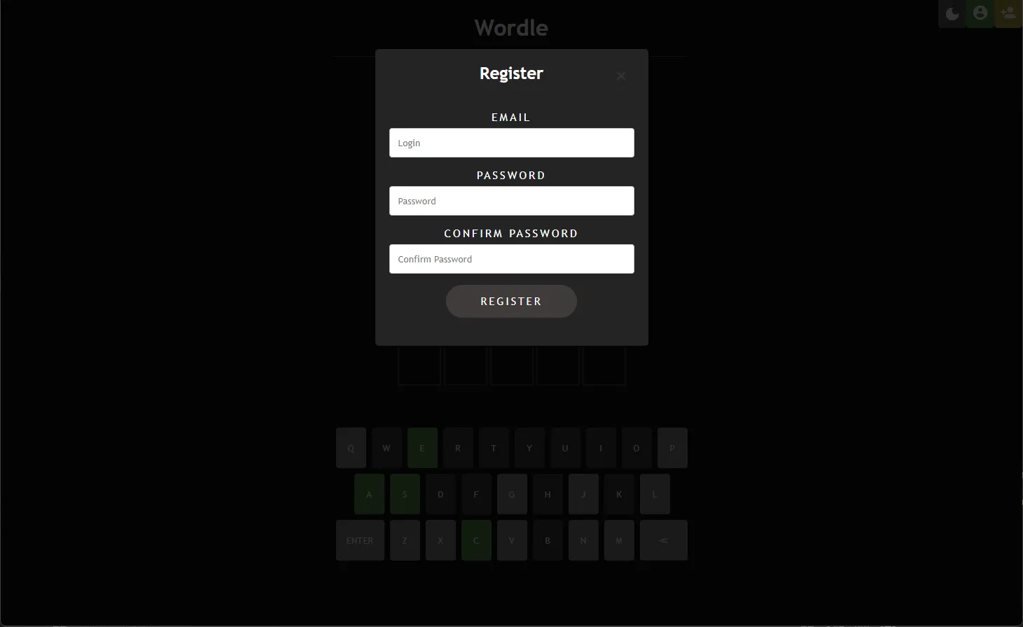 Wordle GUI - registration panel