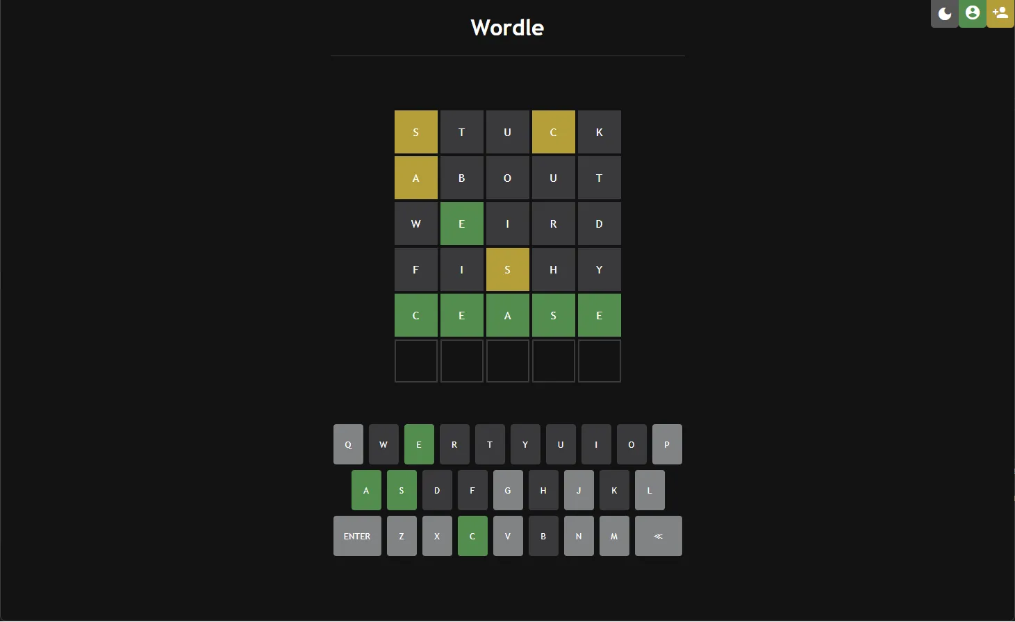 Wordle GUI - night theme